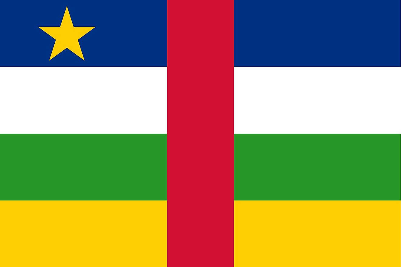 The National Flag of Central African Republic features four equal horizontal bands of blue (top), white, green, and yellow with a vertical red band in center.