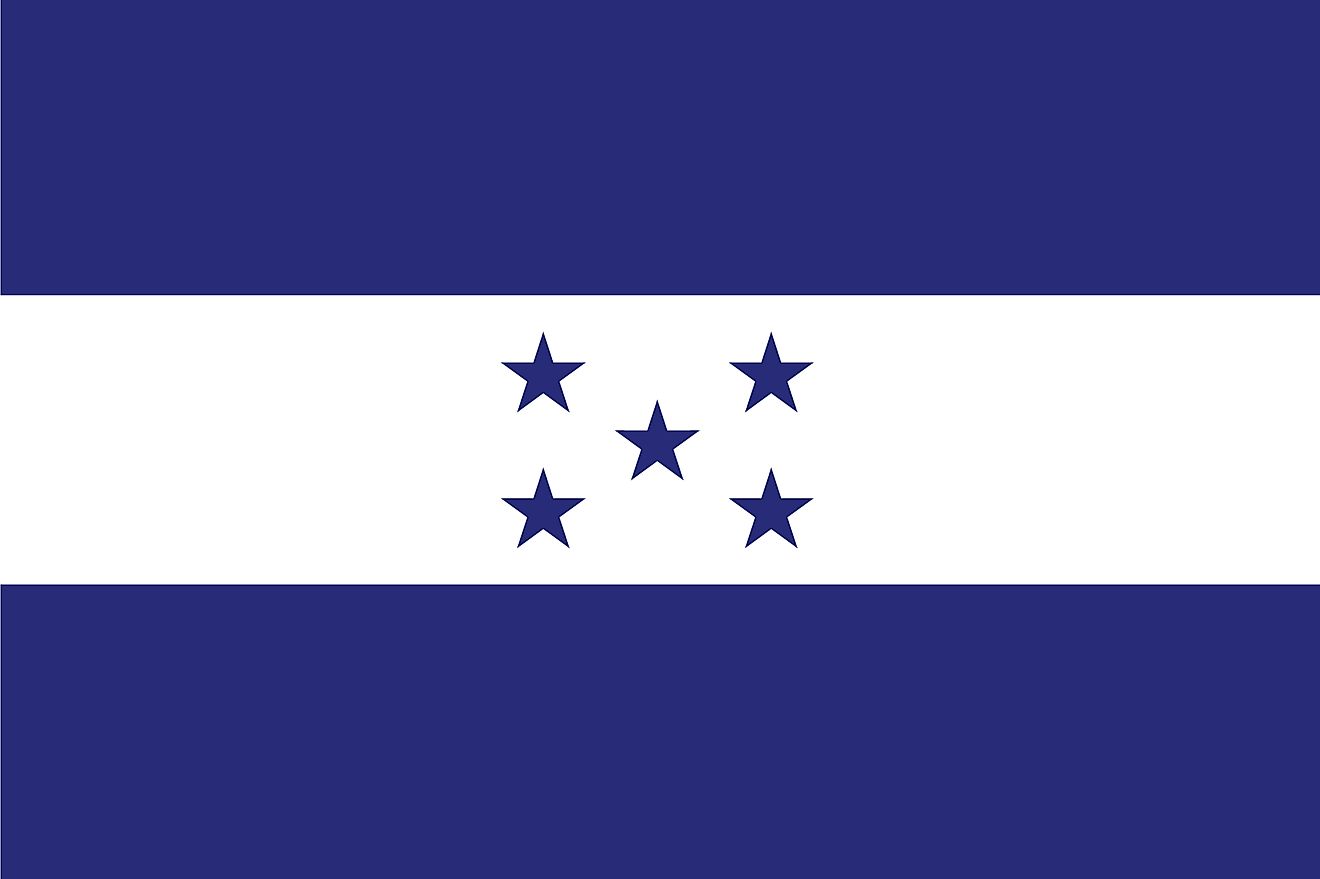 The national flag of Honduras is a tricolor horizontal flag of white sandwiched between two blue bands with five stars centered on white