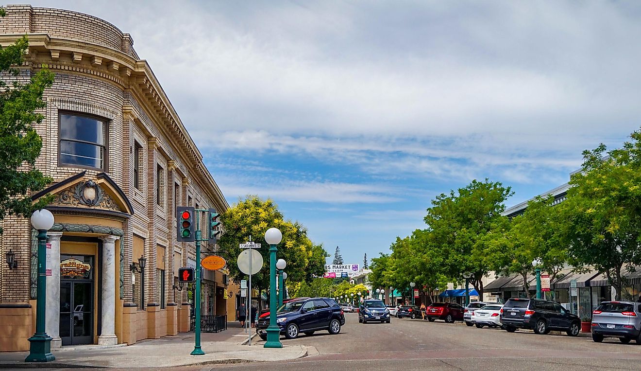 Lodi, California: Downtown area in late spring with beautiful blue sky