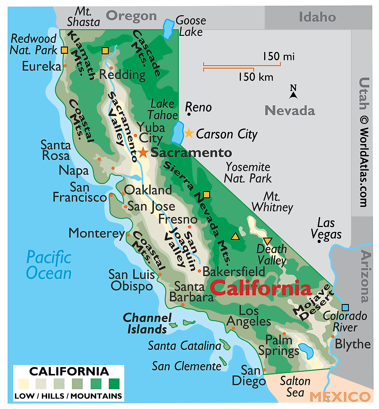 Physical Map of California. It shows the physical features of California including its mountain ranges, rivers and major lakes. 