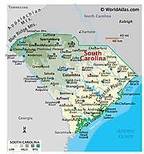 Physical Map of South Carolina. It shows the physical features of South Carolina including its mountain ranges, rivers and major lakes. 