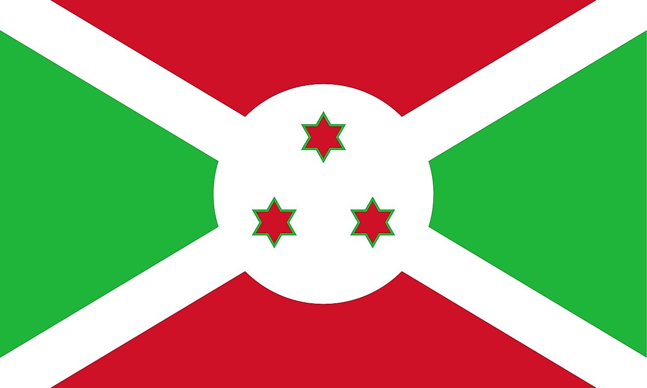 The National Flag of Burundi featuring the red, green and white colors designed on a horizontal rectangle.