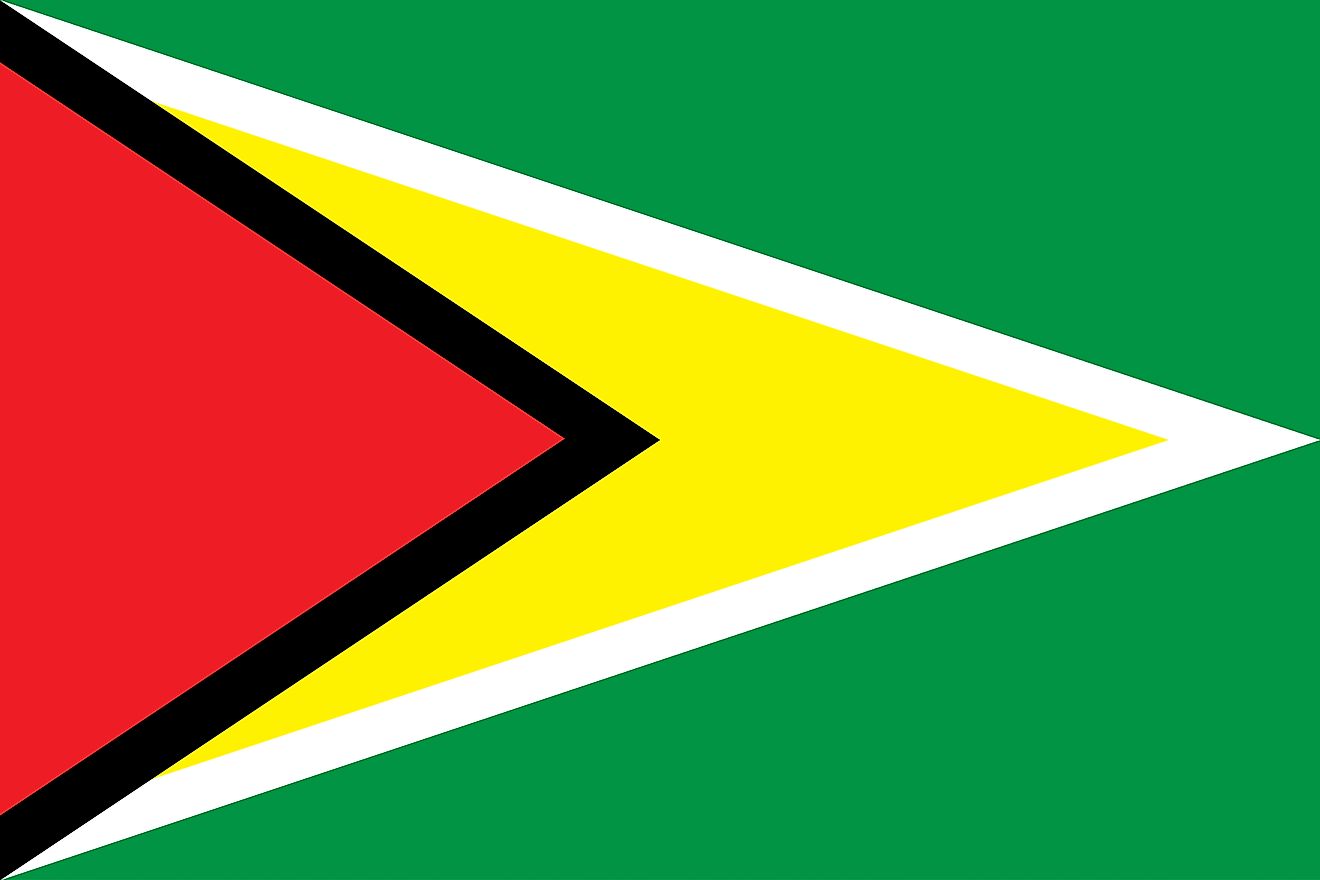 The flag of Guyana features a large green field with red isosceles triangle and black borders superimposed on golden triangle whose edges are white.