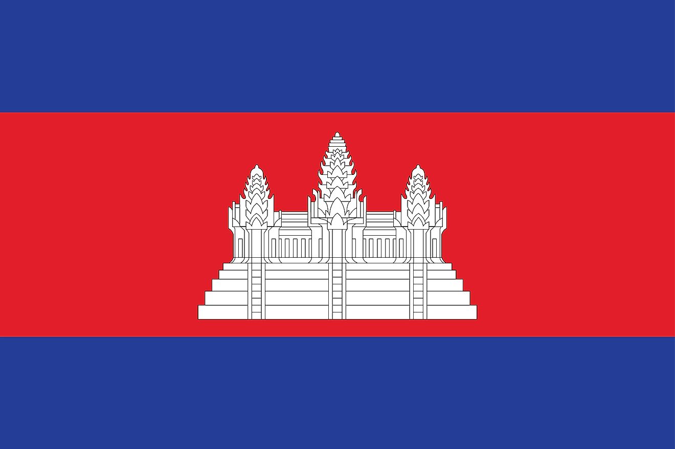 Flag of Cambodia  features a horizontal tri-band made up of two colors: red and blue.