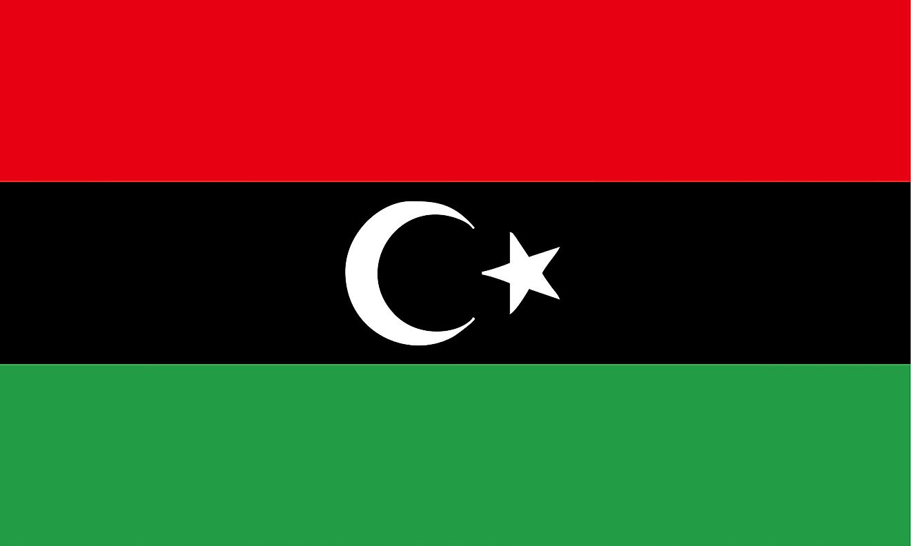 The flag of Libya is a tricolor flag of red, black, and green horizontal bands with white crescent and 5-pointed star centered on black