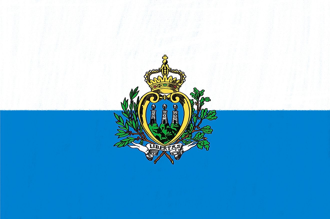 The National Flag of San Marino features two equal horizontal bands of white (top) and light blue with the national coat of arms superimposed in the center.