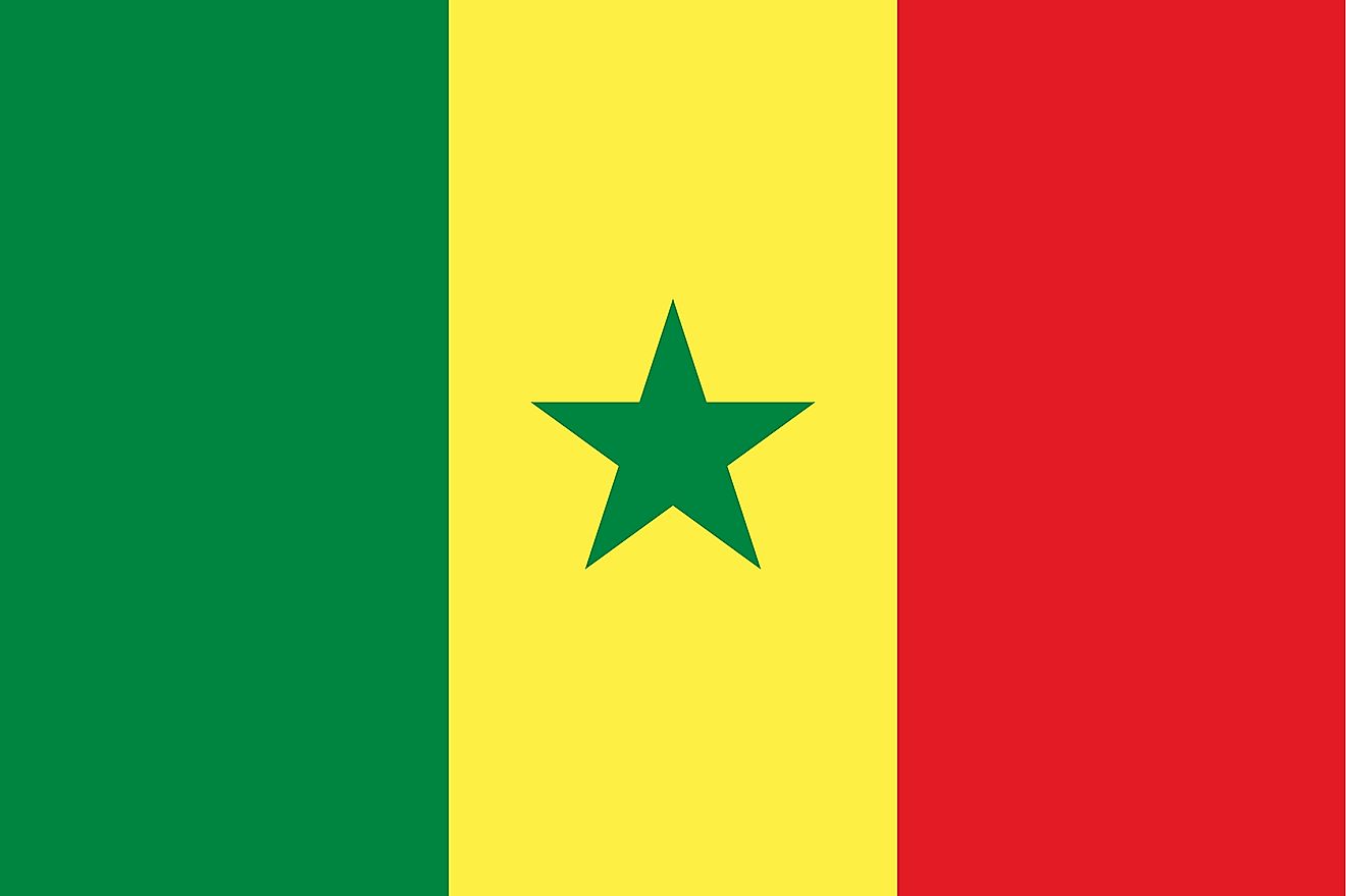 The National Flag of Senegal is a tricolor and features three equal vertical bands of green (hoist side), yellow, and red with a small green five-pointed star centered in the yellow band. 