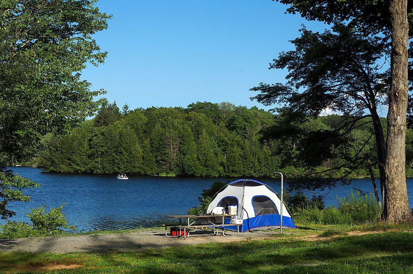 Camping by a lake in Pennsylvania.