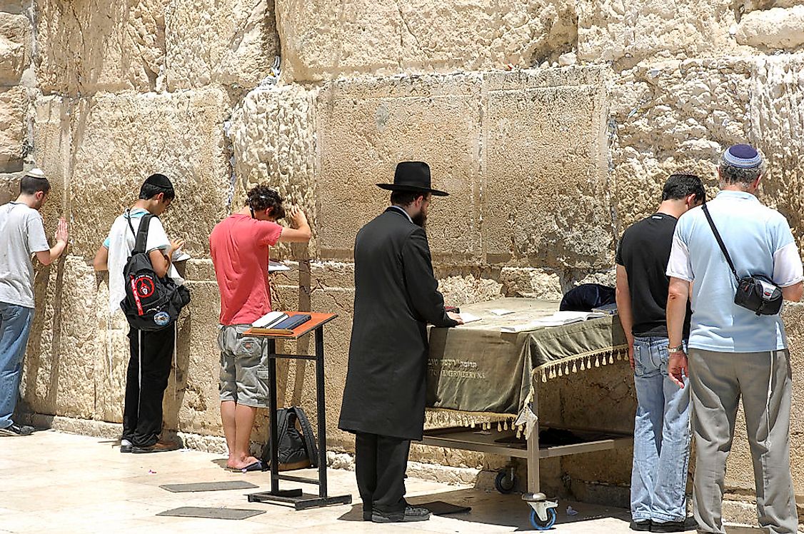 Jews at prayer at Western (or Wailing) Wall In Jerusalem, Israel