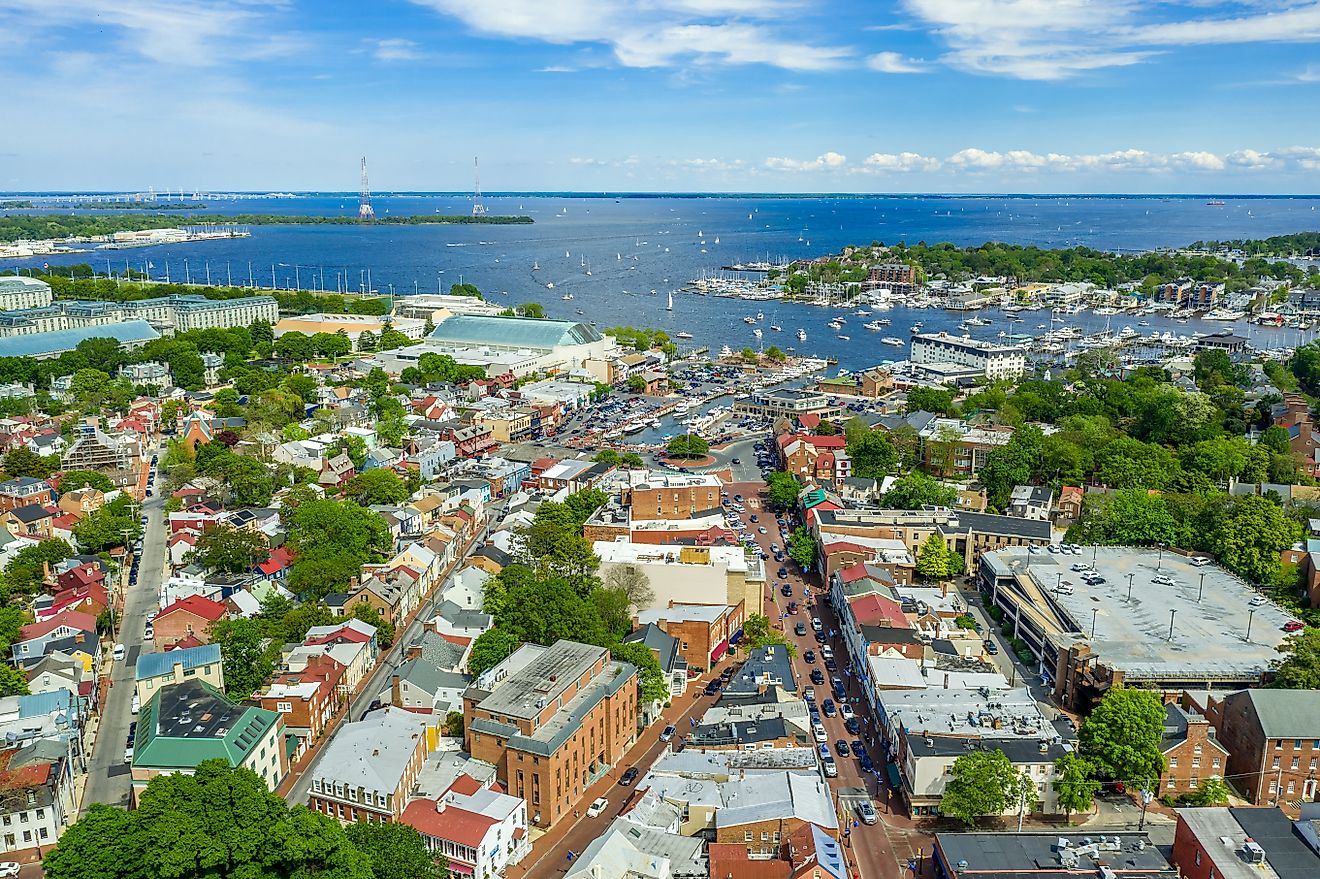 Aerial view of Annapolis along the Chesapeake Bay in Maryland.