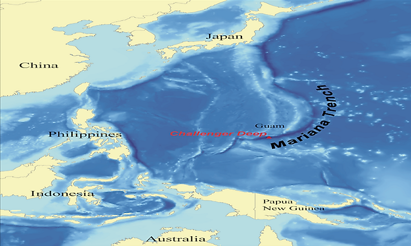 A map showing the location of the Mariana Trench, the deepest oceanic trench known to mankind.