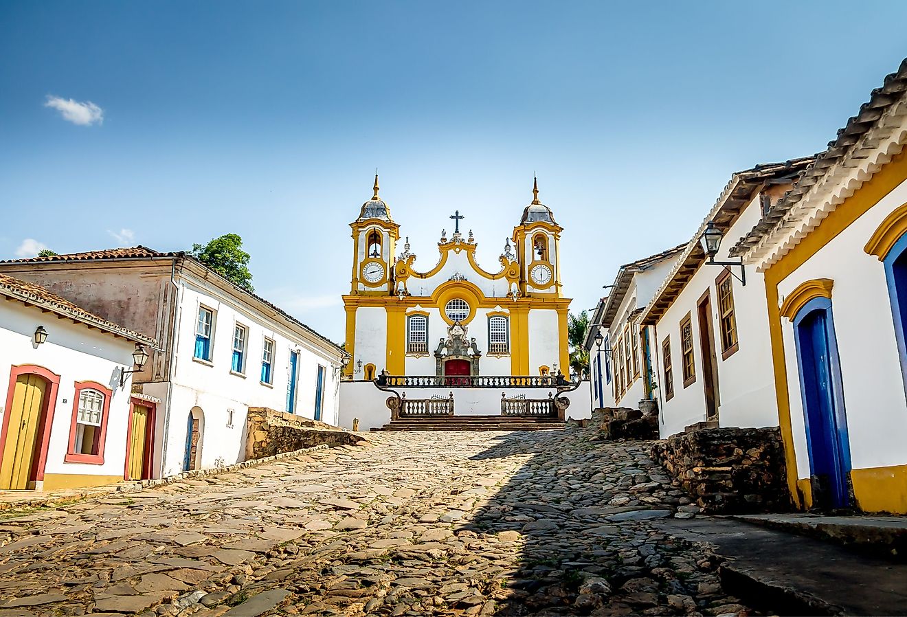Colorful colonial houses and church in the city of Tiradentes in Brazil.