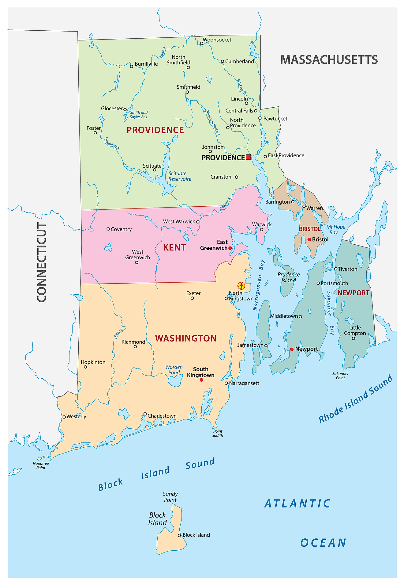 Administrative Map of Rhode Island showing its 5 counties and the capital city - Providence