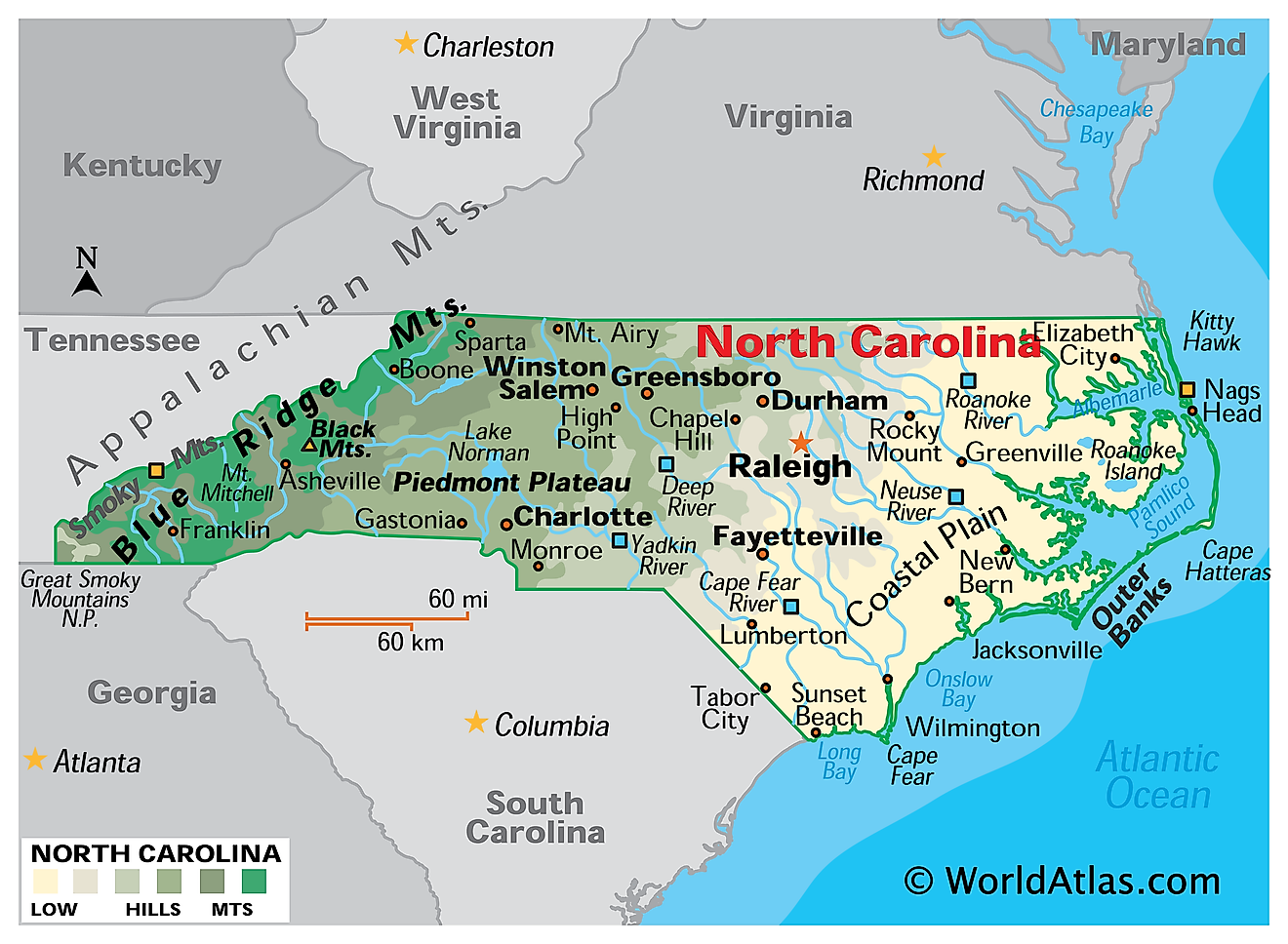 Physical Map of North Carolina. It shows the physical features of North Carolina including its mountain ranges, major rivers and lakes. 