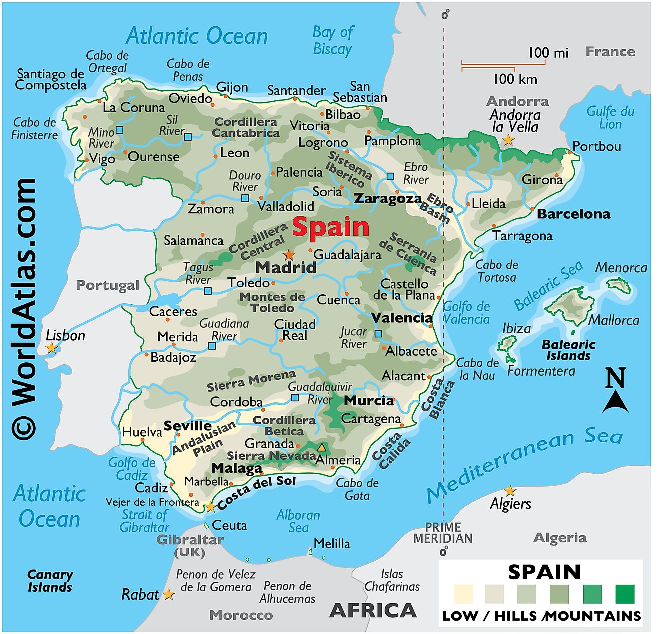 Physical Map of Spain showing its relief, state boundaries, mountains, extreme points, major lakes, rivers, important cities, etc.