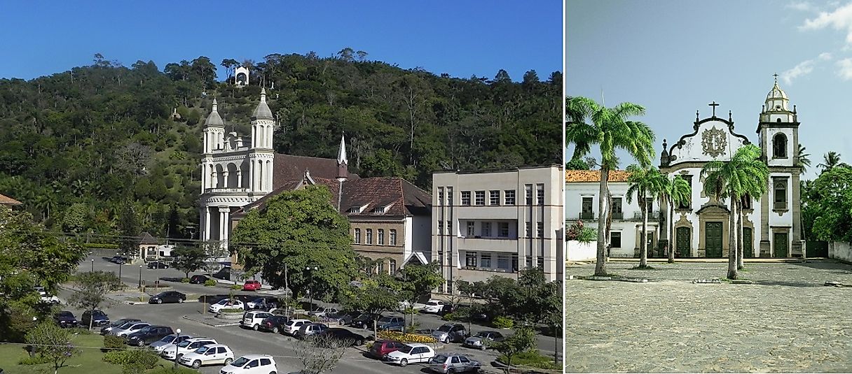 A modern Catholic church in Santa Catarina, Brazil (left), and a very old Catholic church in Olinda, Brazil (right).