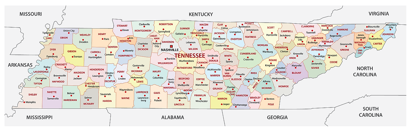 Administrative Map of Tennessee showing its 95 counties and the capital city - Nashville