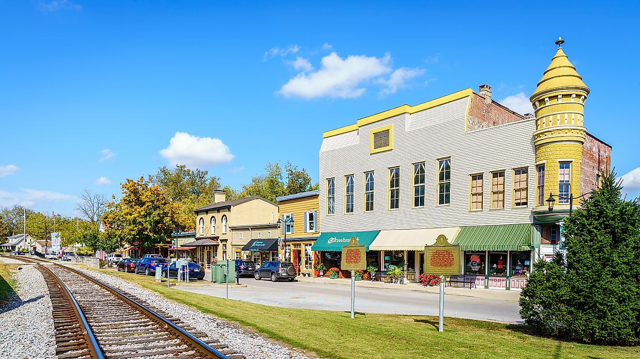 Main street in Midway, Kentucky, lined with boutique shops and restaurants. Editorial credit: Alexey Stiop / Shutterstock.com