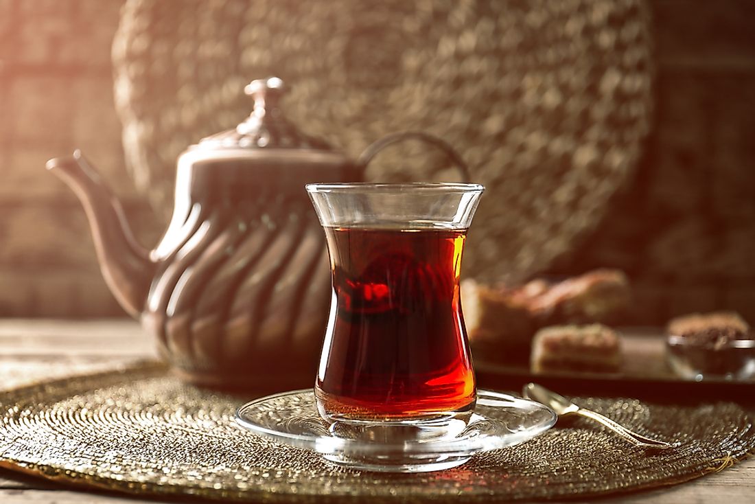 A glass of tea served with baklava pastries is a common light meal in Turkish tea shops, cafes, and diners. The Turkish are the world's highest per capita tea drinkers.