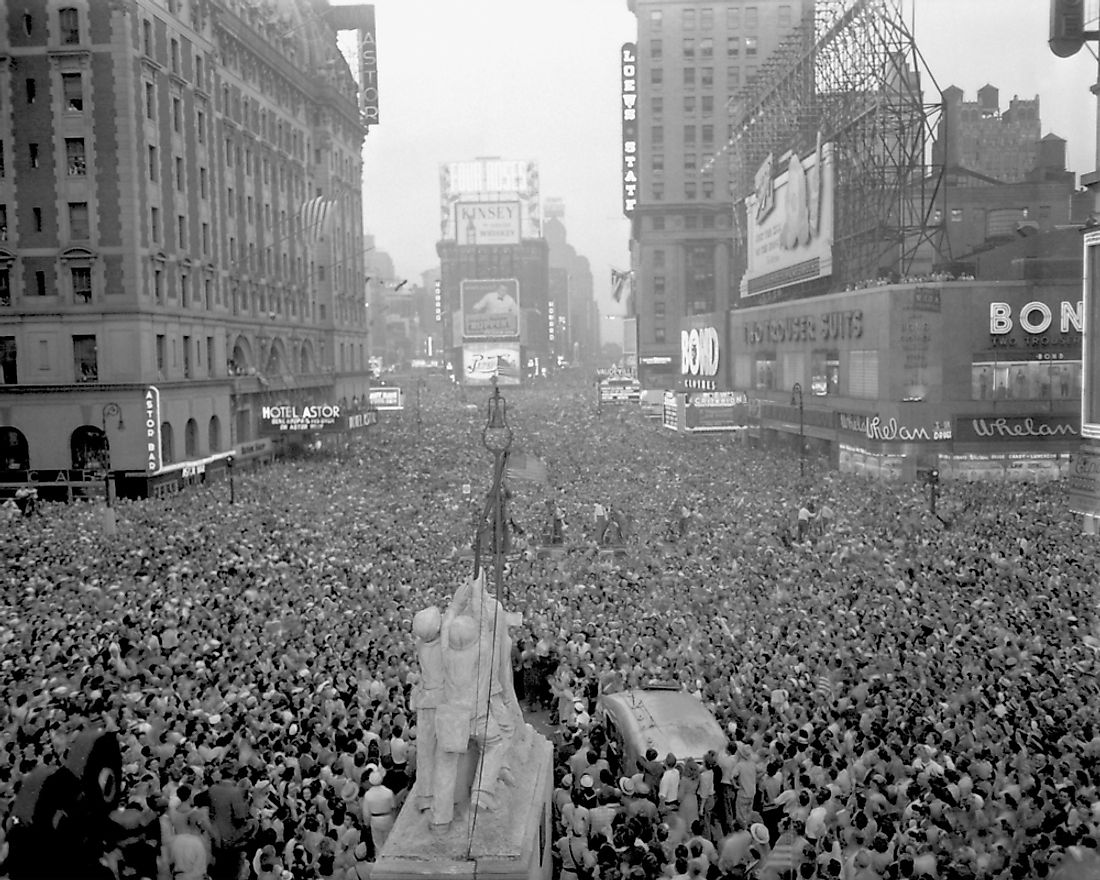 The surrender of Japan, signalling the end of WW2, is celebrated in New York's Time Square on August 15, 1945.