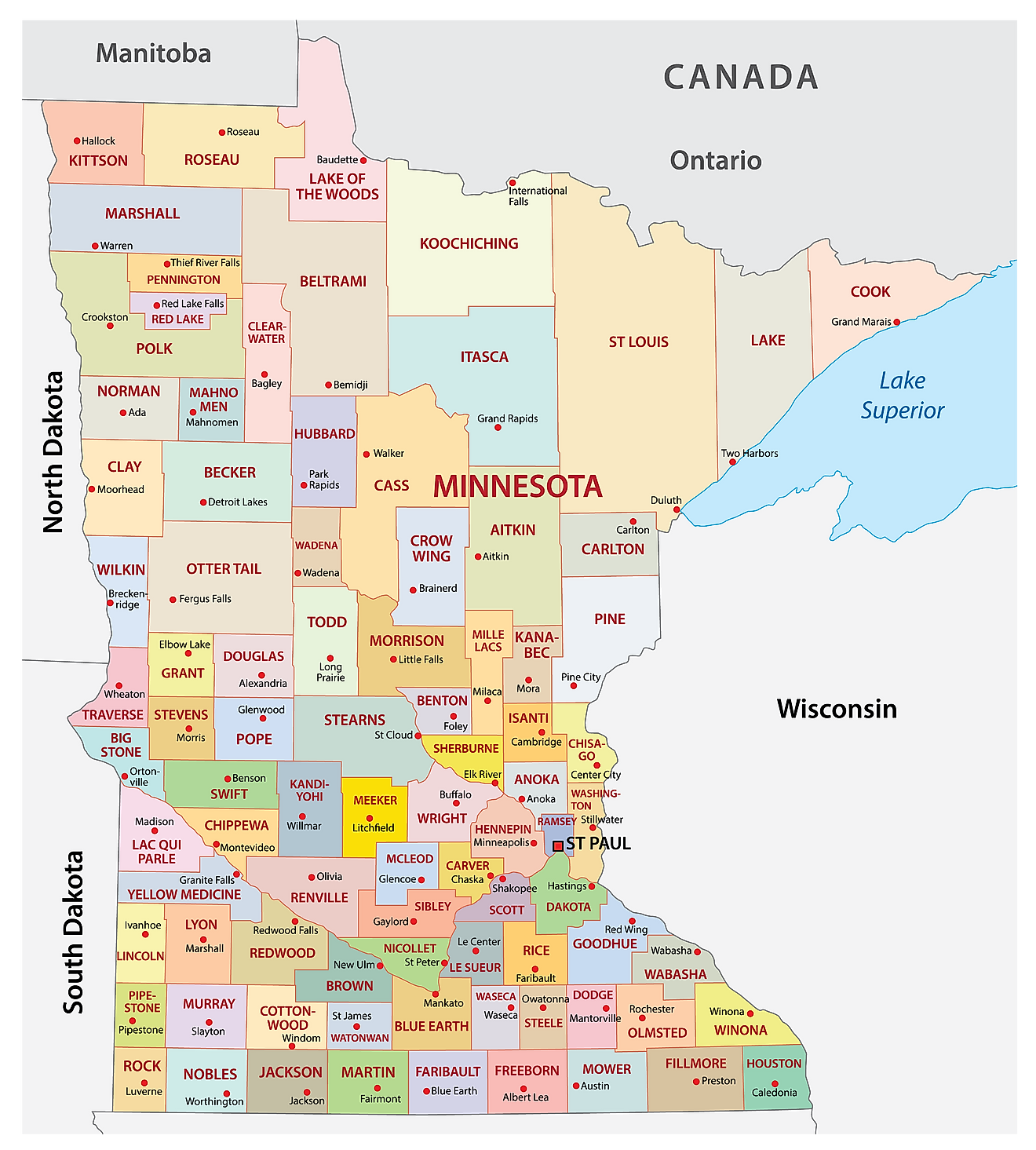 Administrative Map of Minnesota showing its 87 counties and the capital city - Saint Paul