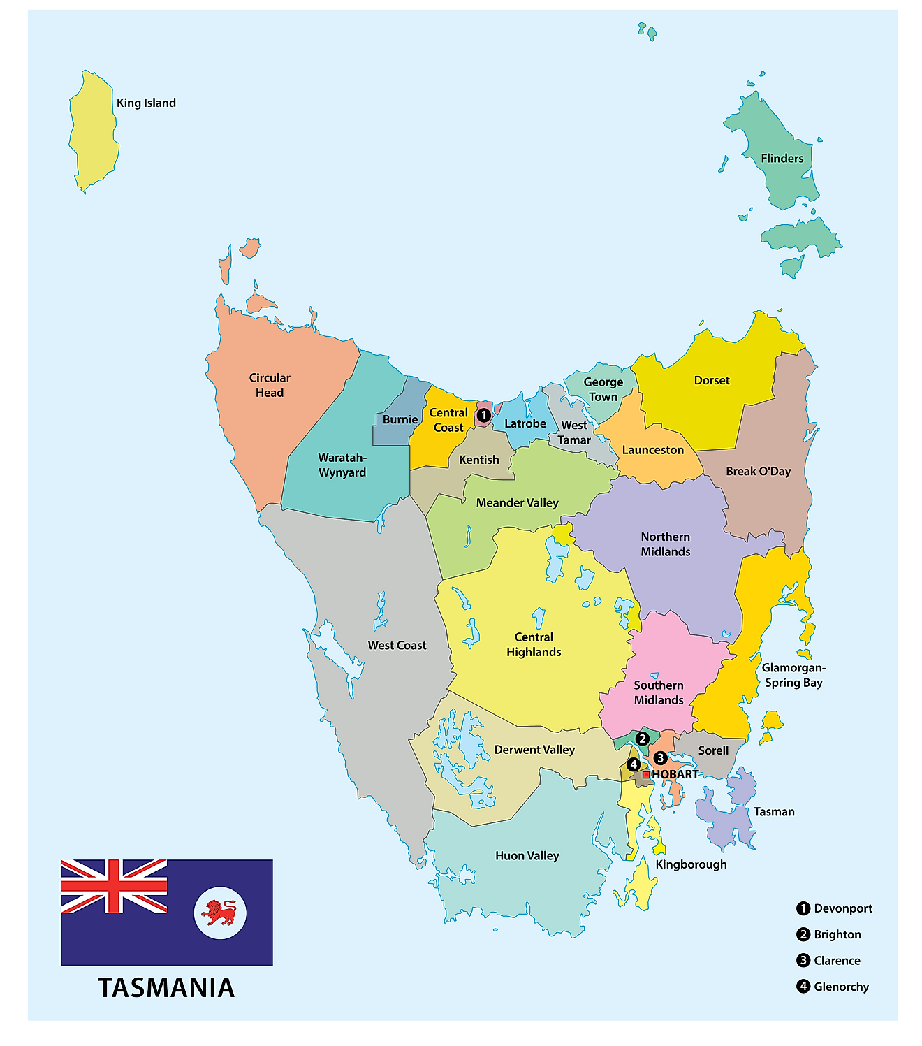 Administrative Map of Tasmania showing its 29 administrative districts and its capital city - Hobart