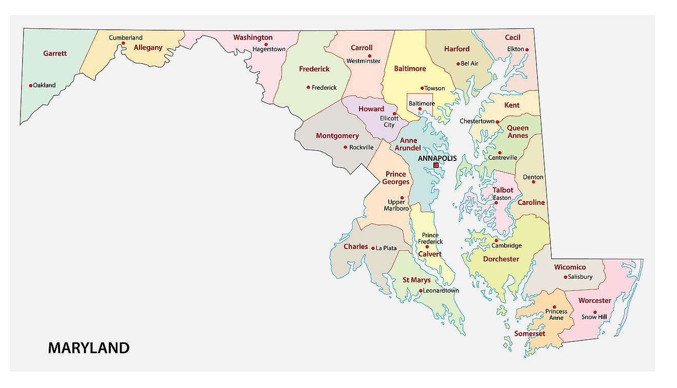 Administrative Map of Maryland showing its 24 counties and the capital city - Annapolis