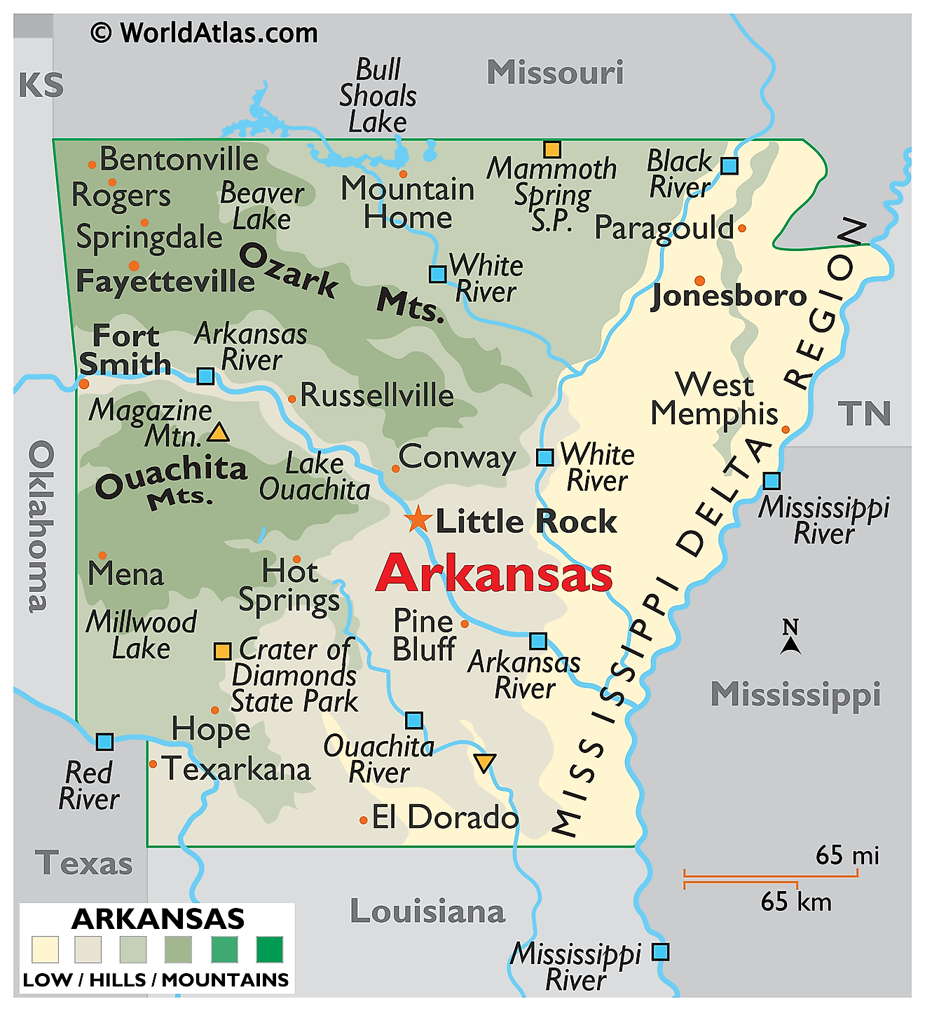 Physical Map of Arkansas. It shows the physical features of Arkansas including its mountain ranges, rivers and lakes. 
