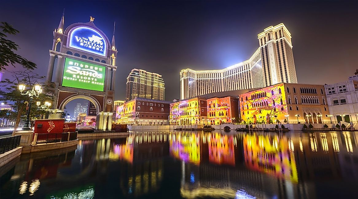 The Venetian Macao and its reflection light up the night in Macao, an autonomous, special administrative region of China.