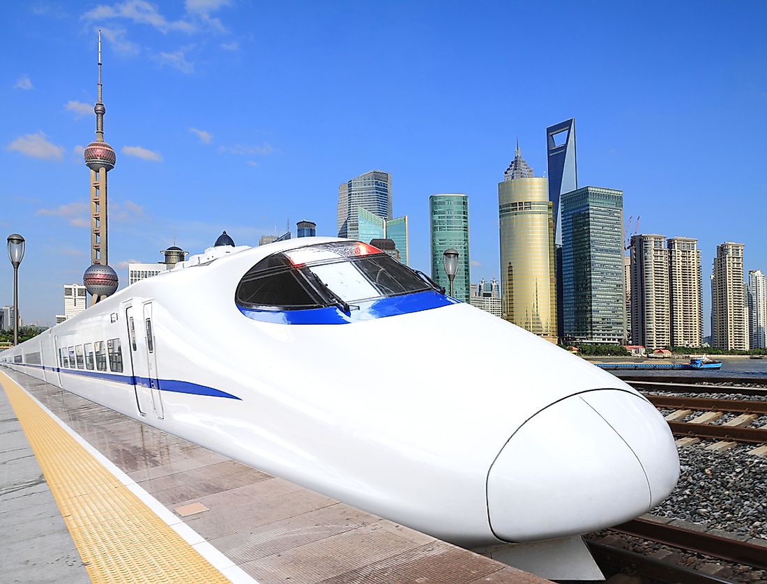 A high speed train in Shanghai, China. China has the world's third largest rail system by distance covered.