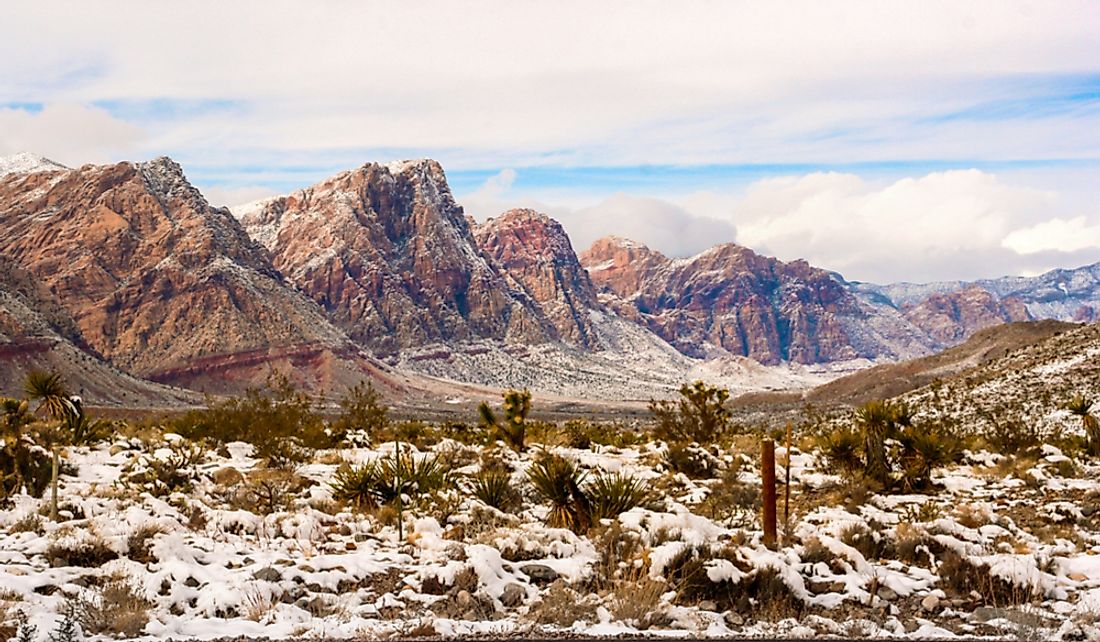 Snowfall in the Red Rock Conservation Area in Las Vegas, Nevada.