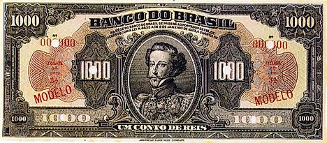 1 million real banknote (1923) with Emperor Pedro I's effigy.
