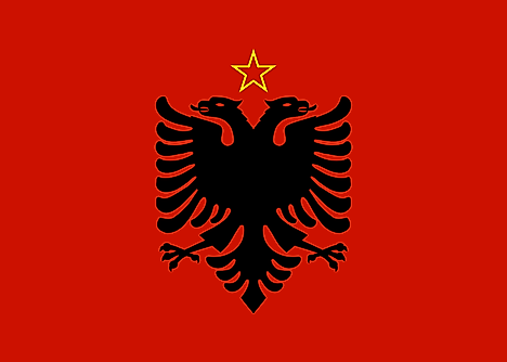 Flag of the People's Republic of Albania. It featured a red star with a yellow outline between the two eagle heads.