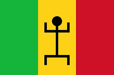 Vertical bands of green, yellow, and red with black human figure centered on yellow