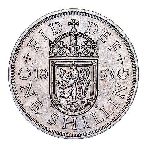 One British shilling. British sterling coinage was adopted as currency in Barbados in 1848.