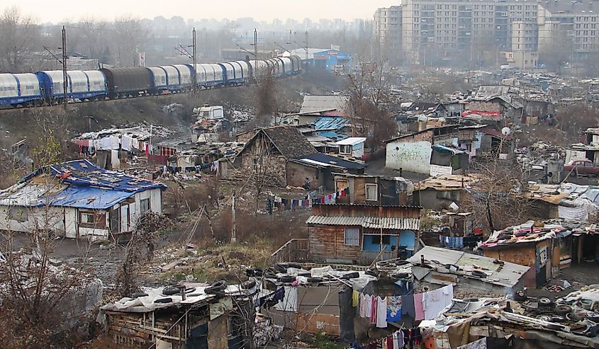 Gypsy slum in Belgrade, Serbia, town city urban settlement, poverty, garbage or junkyard, houses and shacks