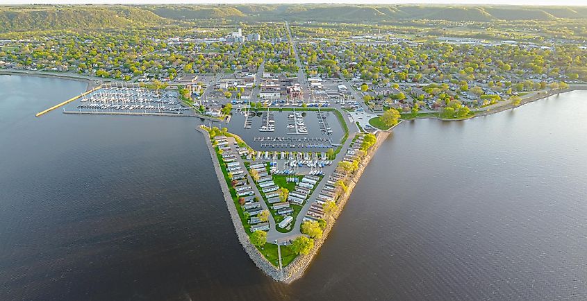 Aerial view of Lake City along Lake Pepin in Minnesota.