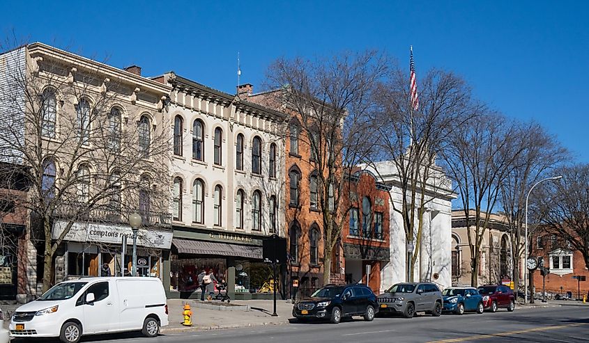 A landscape view of downtown Saratoga Springs shopping district on Broadway.