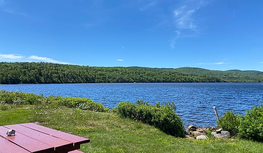 Picnic table overlooking Lake Rangeley, Maine.