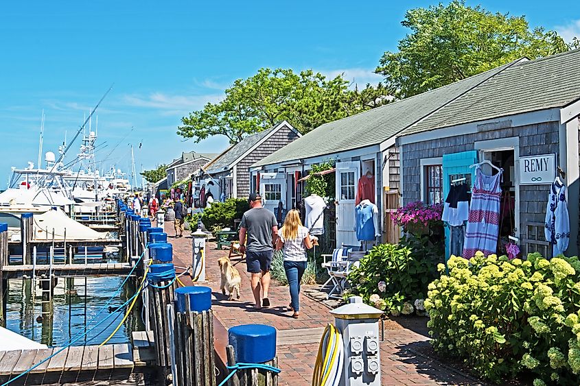 A row of eclectic stores can be found next to the harbor in Nantucket,