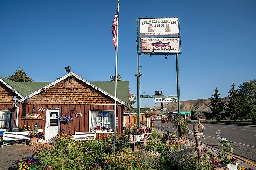 Sign and office for the Black Bear Inn, a small motel in downtown Dubois, Wyoming.