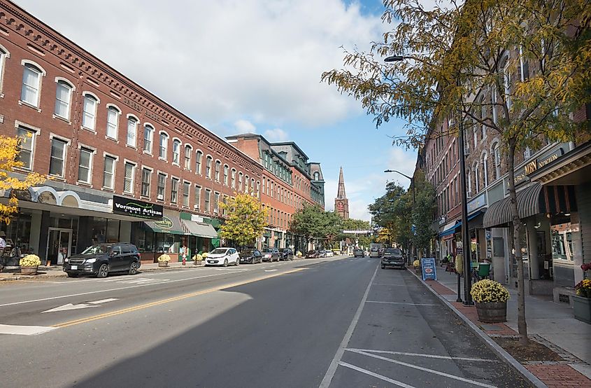 Main Street, scenic Brattleboro, Vermont, looking north