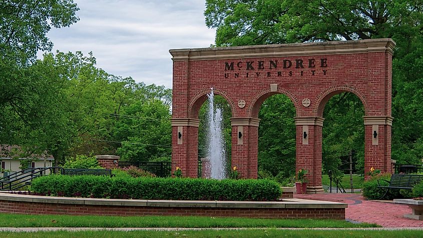 A brick arched gate and fountain at the McKendree University in Lebanon, Illinois. 