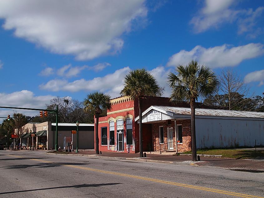 Rustic buildings along the main street in Ridgeland, South Carolina.