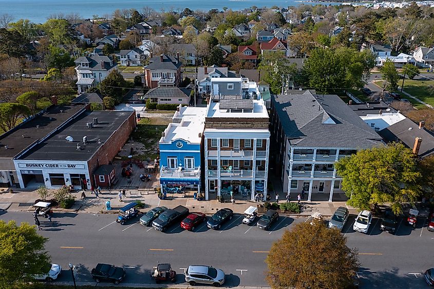 Aerial view of Businesses on Mason Avenue in Cape Charles Virginia