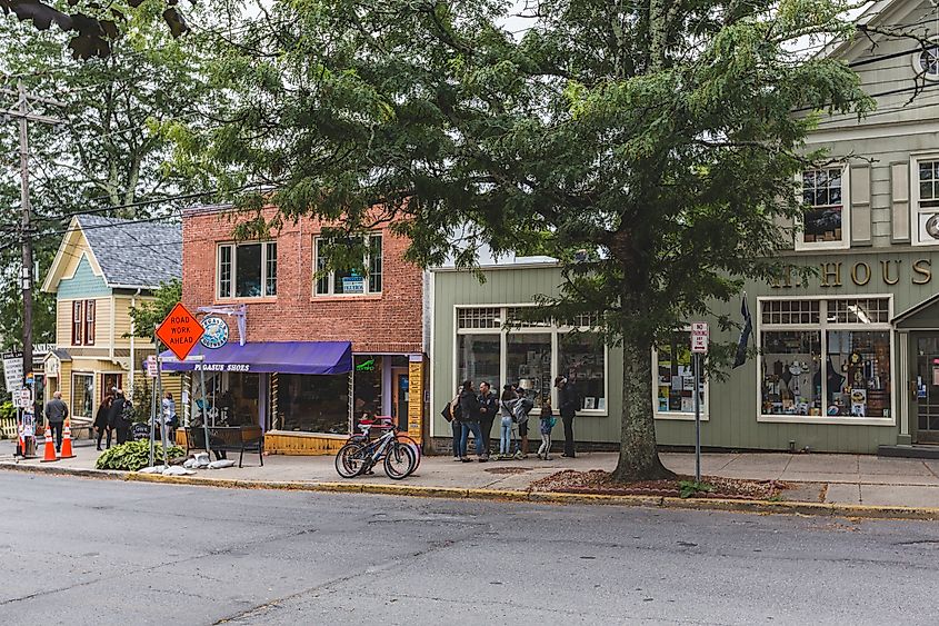 Woodstock Village in Woodstock, New York, USA, featuring streets, stores, and architectural details that contribute to its legendary status.