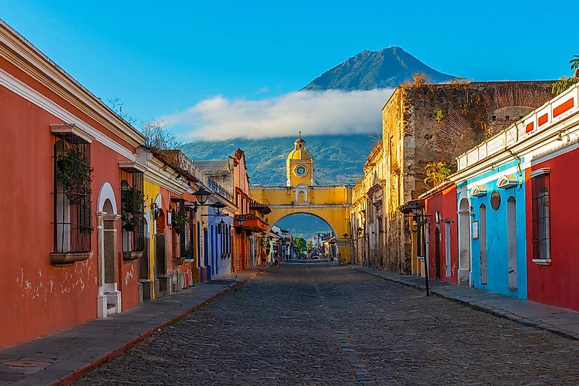 Antigua at sunrise with the Agua volcano, Guatemala. Image used under license from Shutterstock.com.