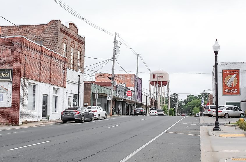 Rustic buildings along a street in the town of Minden, Louisiana.