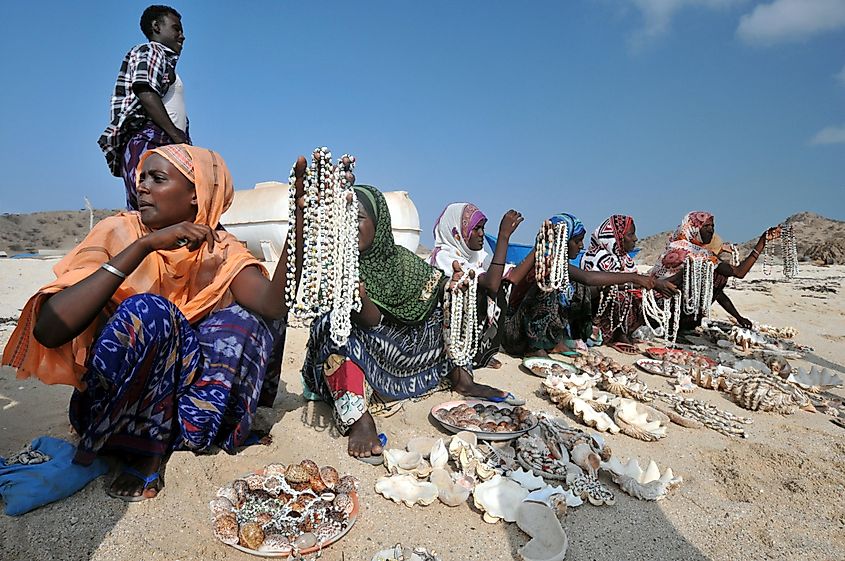 Afar women selling necklaces on Dessie island, part of the Dahlak archipelago in Eritrea