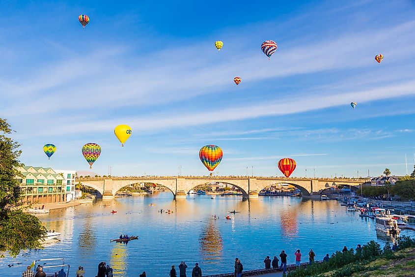 Hot Air Balloons over London Bridge in Lake Havasu City, Arizona